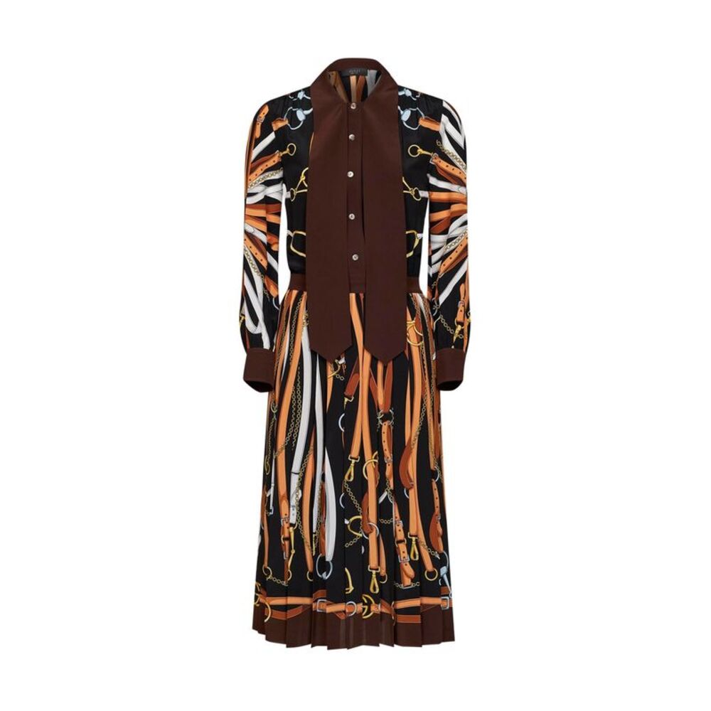 Gucci Women Black And Brown Printed Silk Midi Shirt Dress